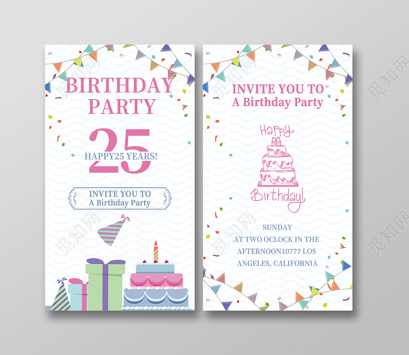 蓝色粉色简约大气小清新英文邀请函英文生日贺卡英文贺卡