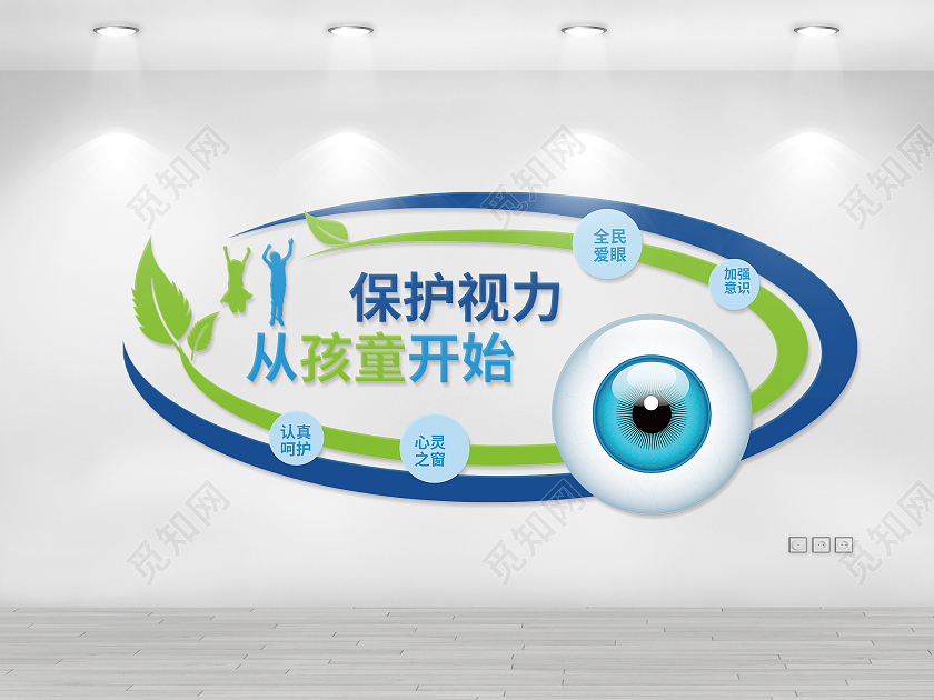 蓝绿色简介创意保护视力从孩童做起宣传文化墙设计视力文化墙