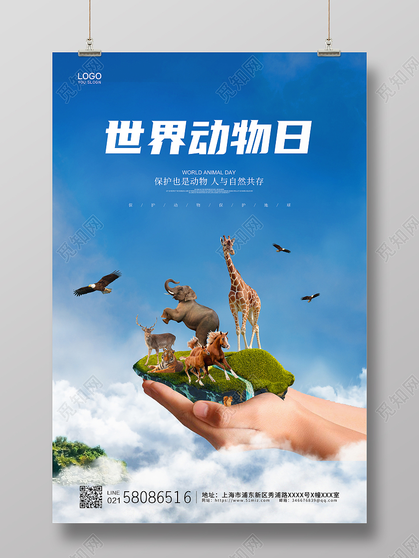 蓝色简约大气创意动物世界动物日公益宣传海报