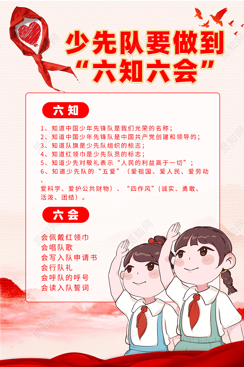 红色简约少年要做到六知六会宣传海报展板少先队六知六会