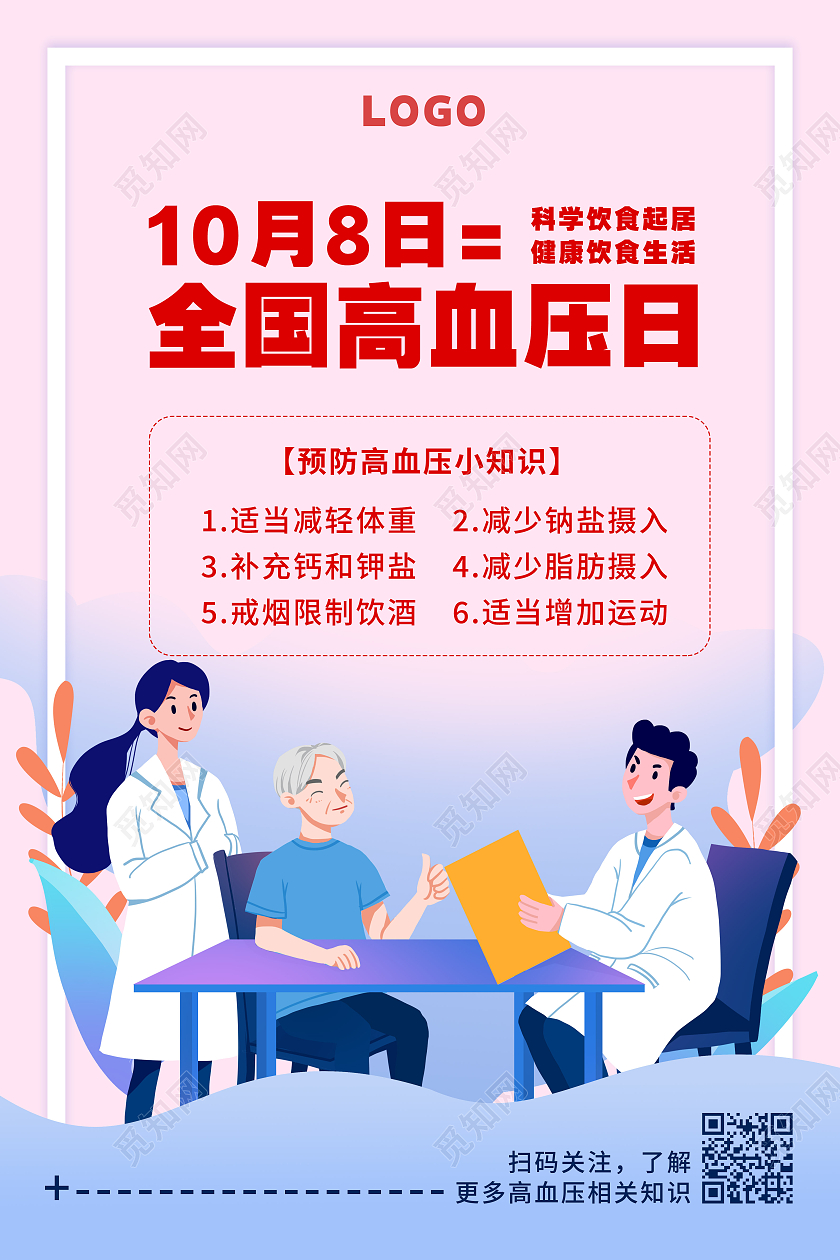 暖色卡通插画风全国高血压日宣传海报公益宣传海报