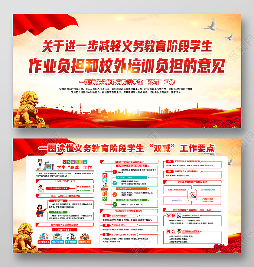 黄色党建风格2021双减政策宣传栏双减宣传栏