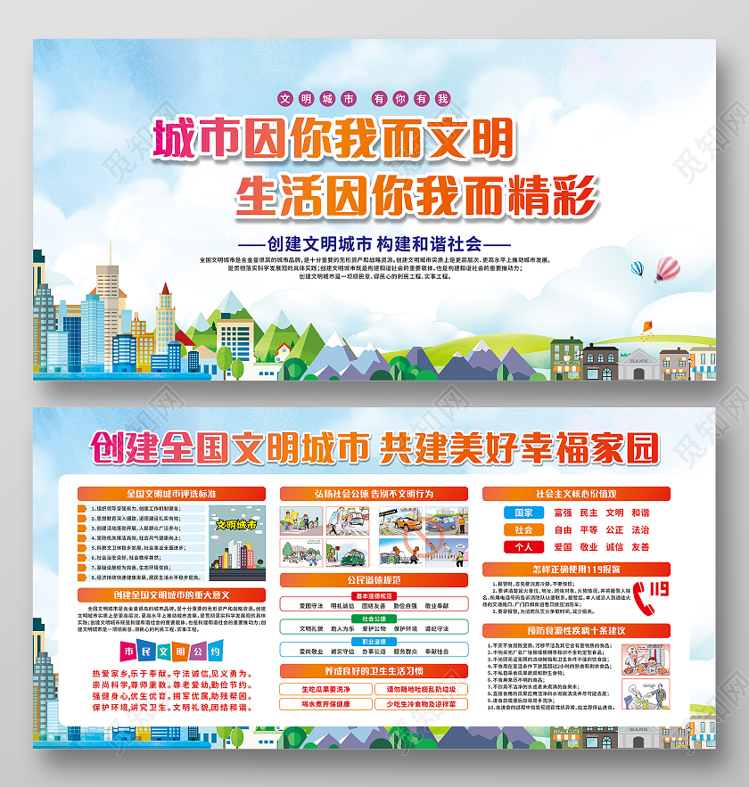 蓝色城市城市因你我而文明生活因你我而精彩创文展板文明城市宣传栏