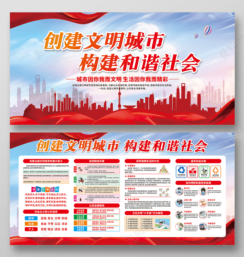 红色卡通城市创建文明城市构建和谐社会展板文明城市宣传栏
