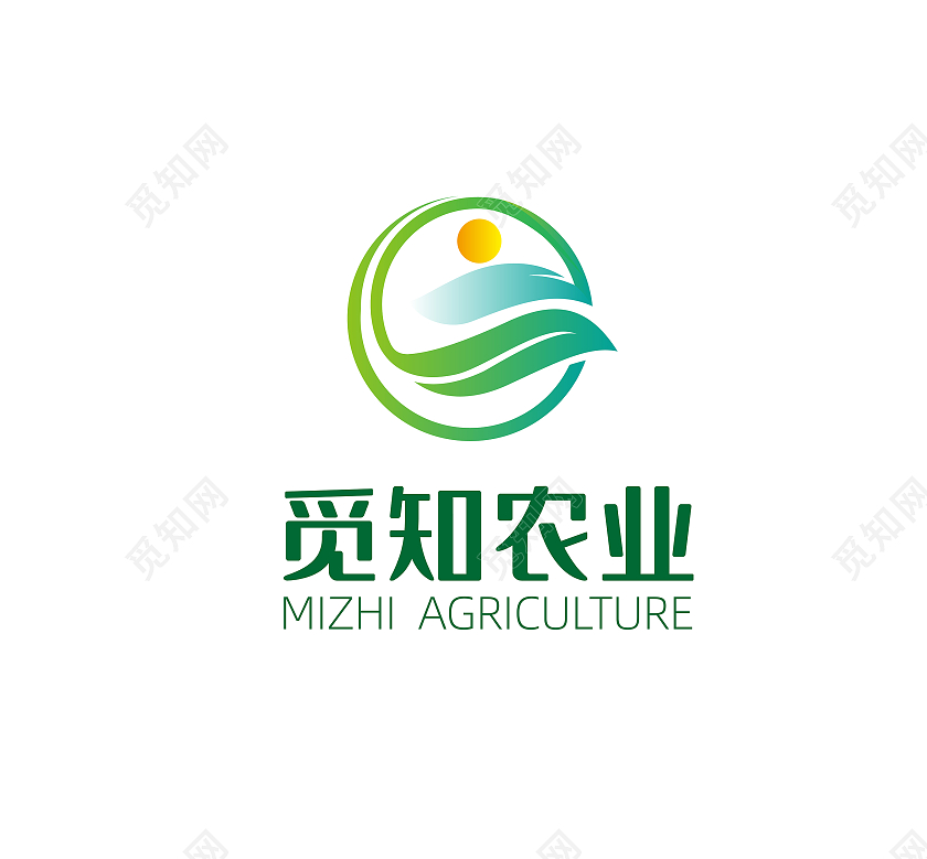 蓝绿渐变色黄色觅知农业logo企业logo设计