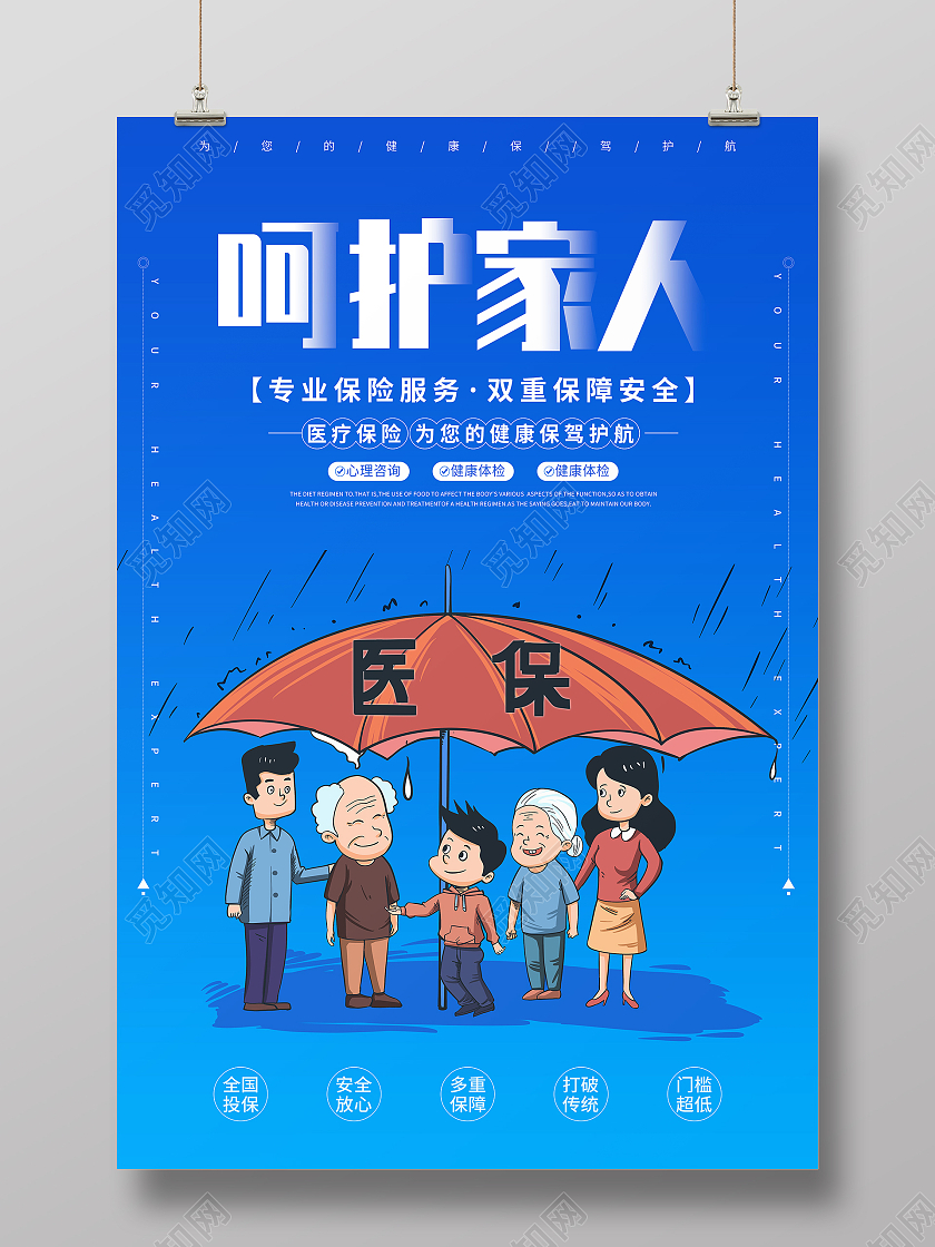 蓝色插画医疗保险 呵护家人宣传海报