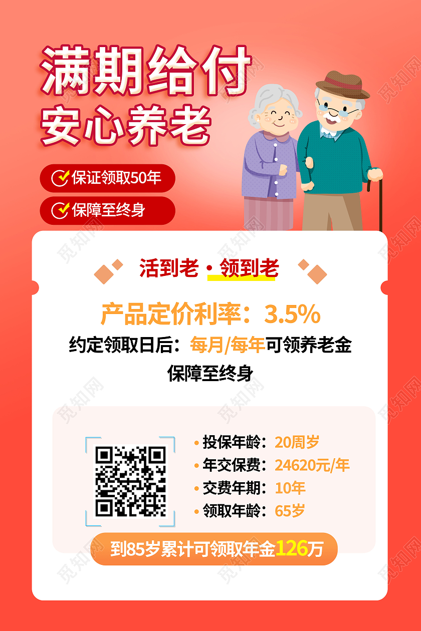 红色卡通满期给付安心养老养老保险海报