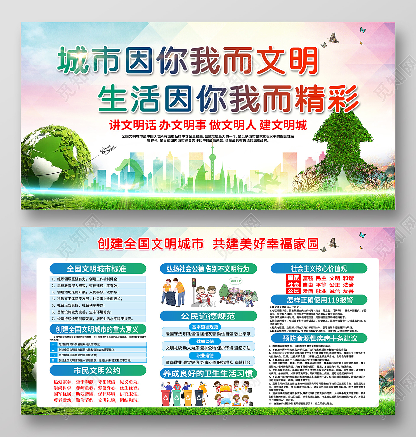 渐变城市因你我而闻名生活因你我而精彩宣传栏文明城市宣传栏