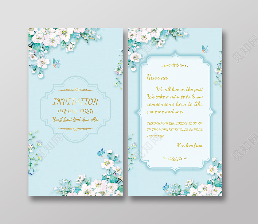 蓝色小清新手绘花朵贺卡金色字英文贺卡