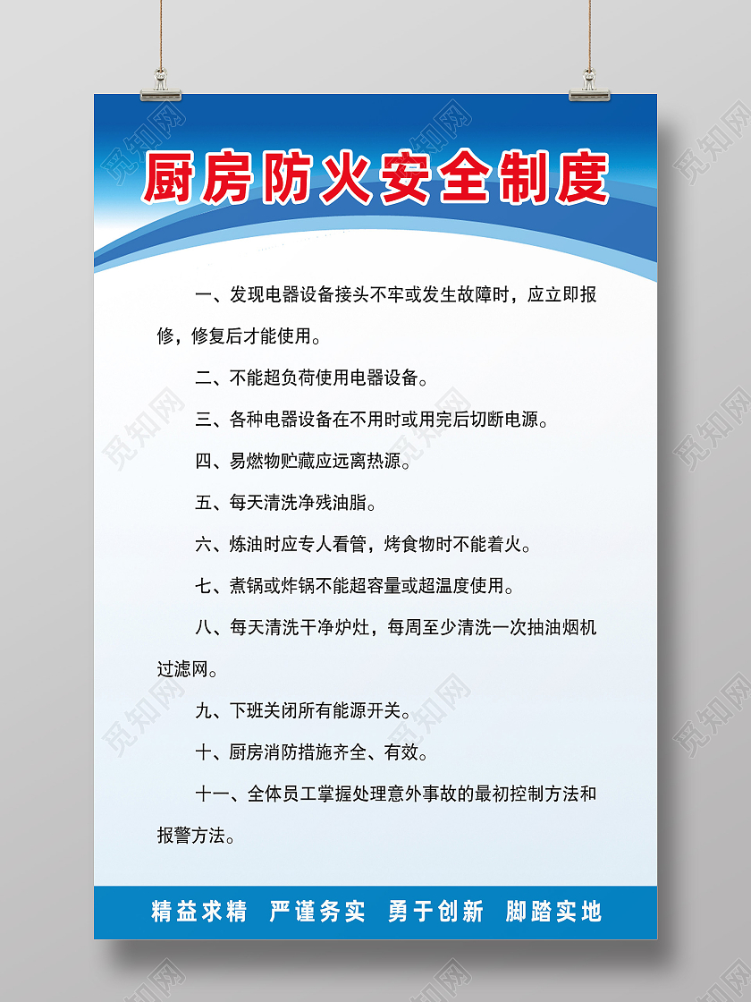 蓝色简约厨房防火安全制度厨房制度海报