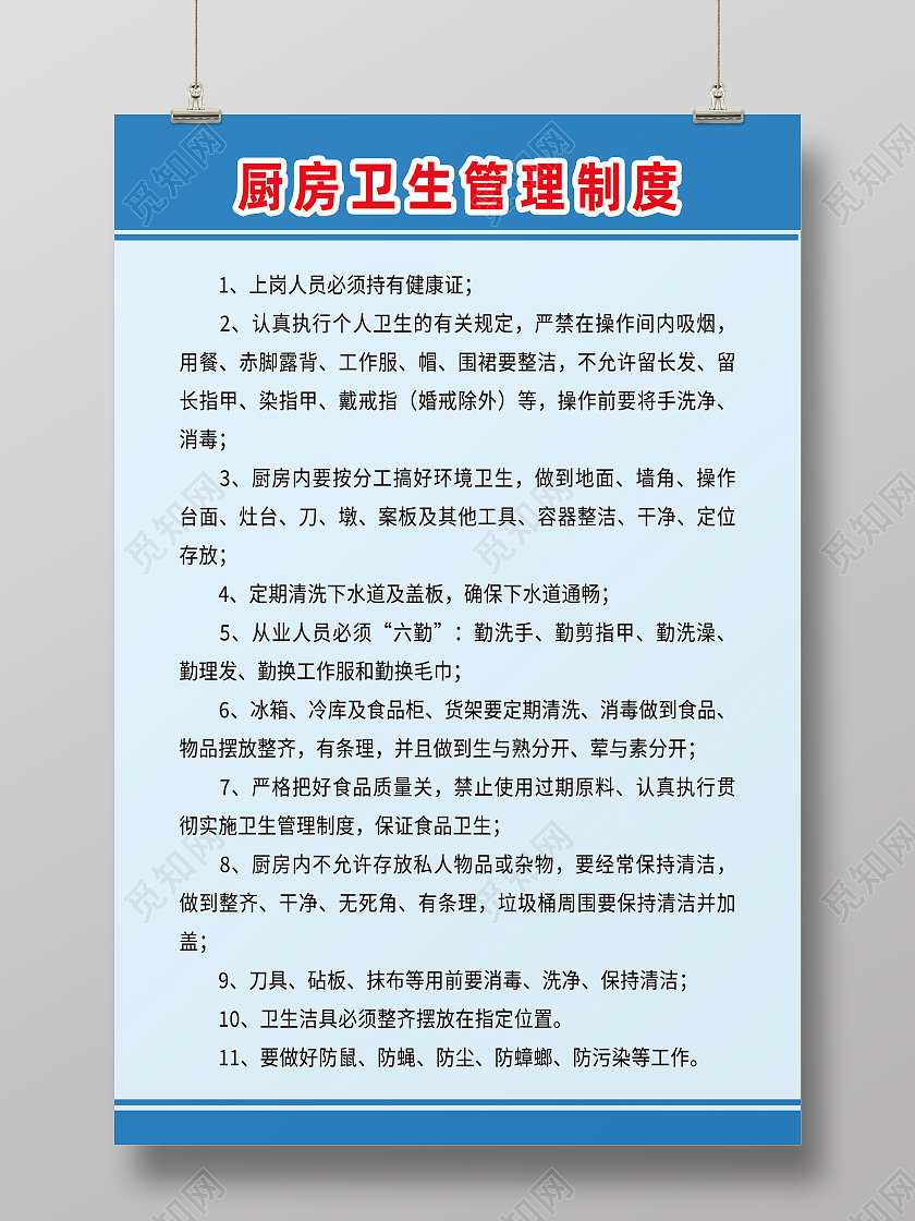 蓝色简约厨房卫生管理制度厨房制度海报