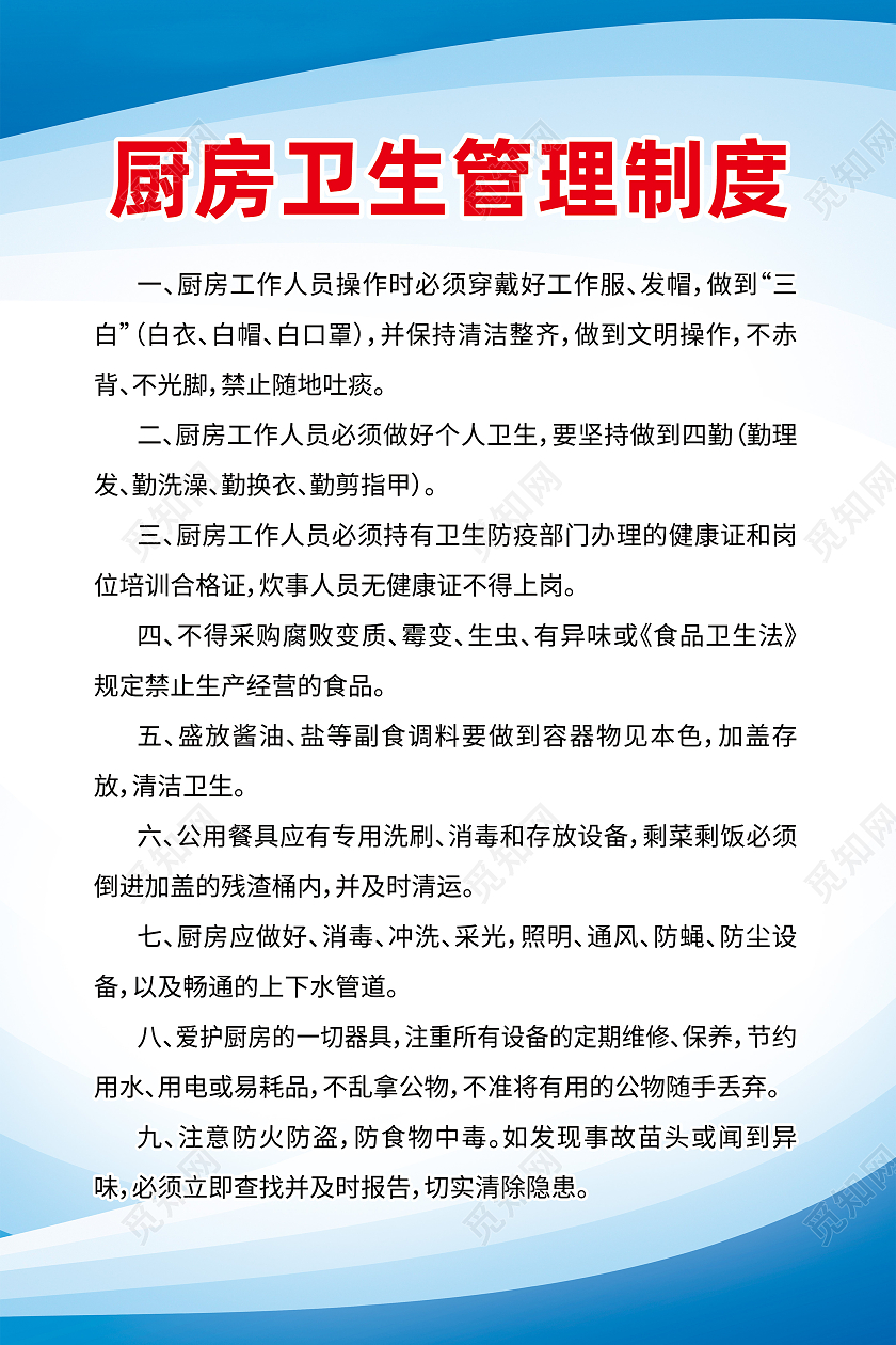 蓝色简约厨房卫生管理制度厨房制度海报
