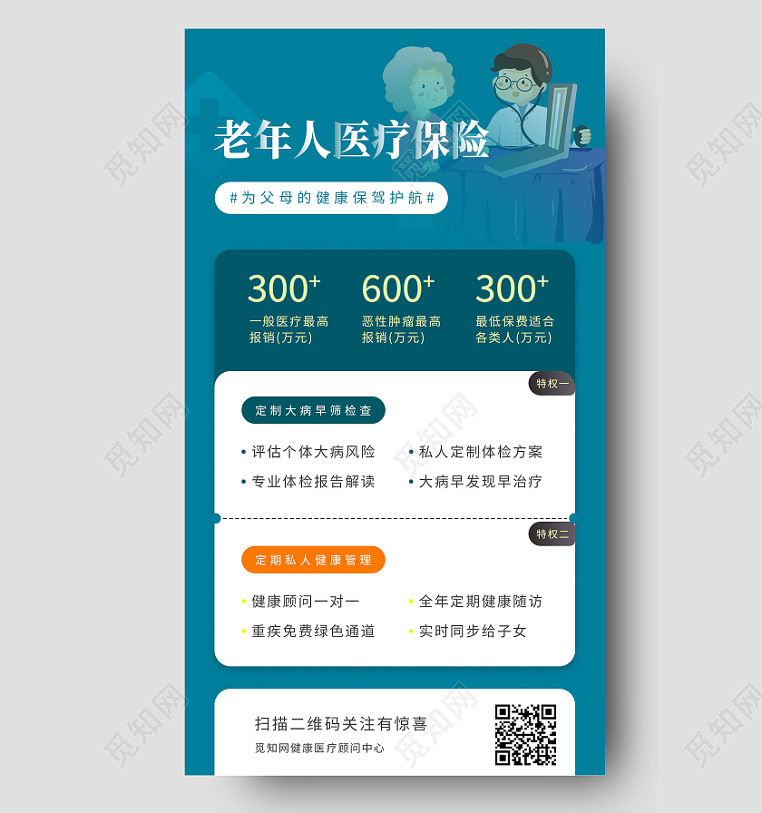 蓝色卡通老年人医疗保险医疗保险海报