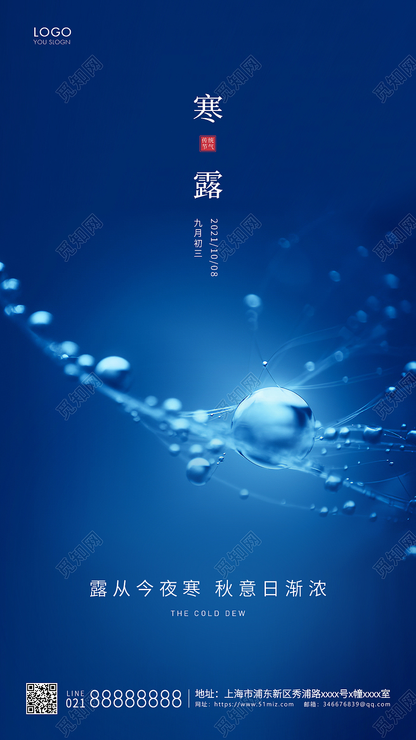 蓝色简约二十四节气寒露节气宣传ui手机海报