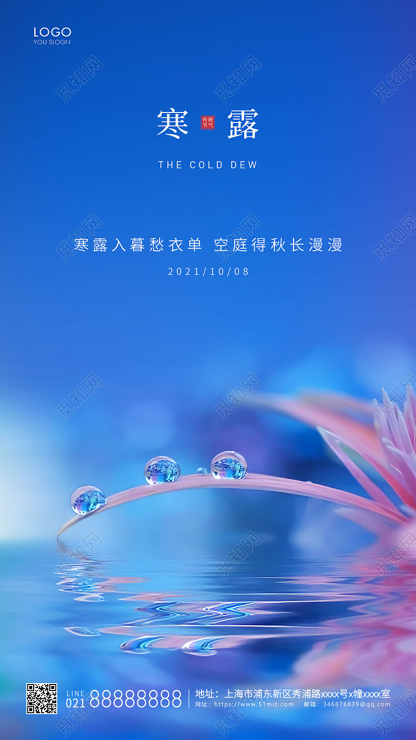 蓝色简约二十四节气寒露节气宣传ui手机海报