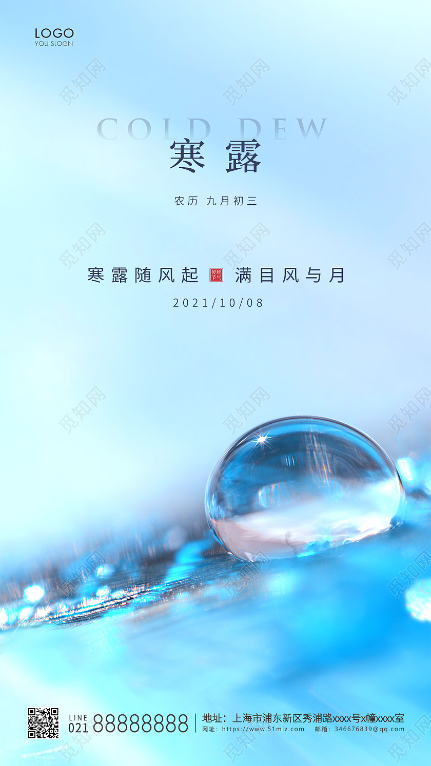 蓝色简约二十四节气寒露节气宣传ui手机海报