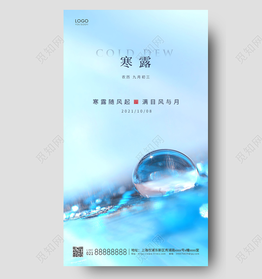 蓝色简约二十四节气寒露节气宣传ui手机海报