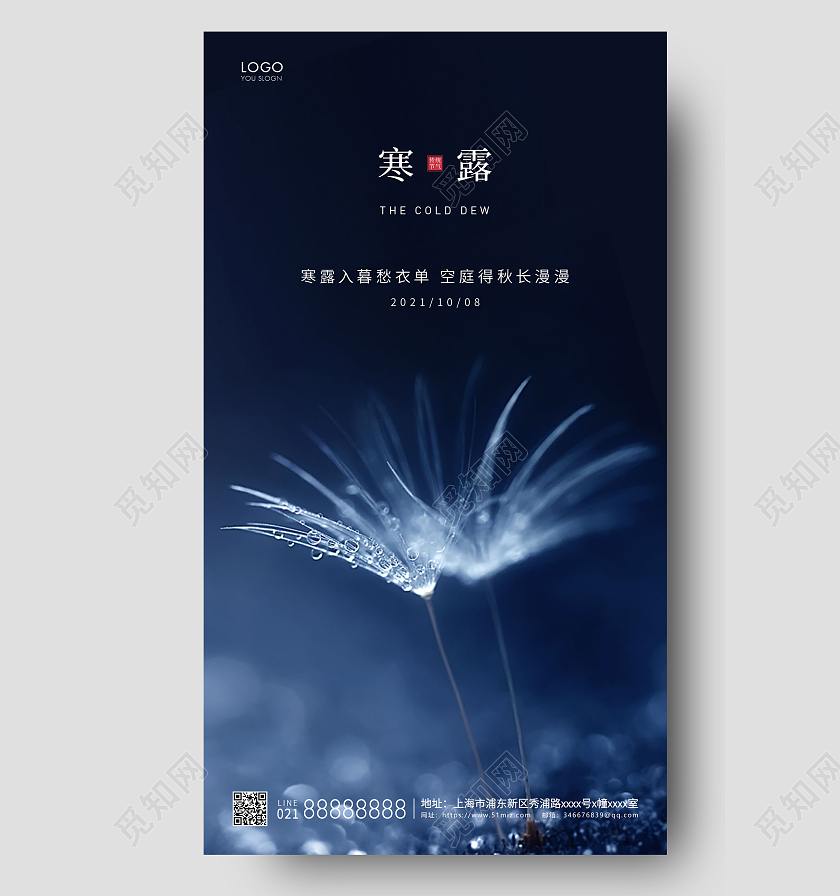 蓝色简约二十四节气寒露节气宣传ui手机海报