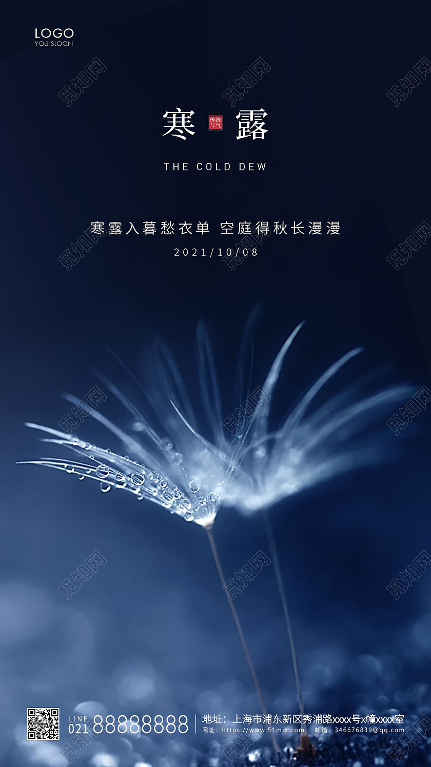 蓝色简约二十四节气寒露节气宣传ui手机海报