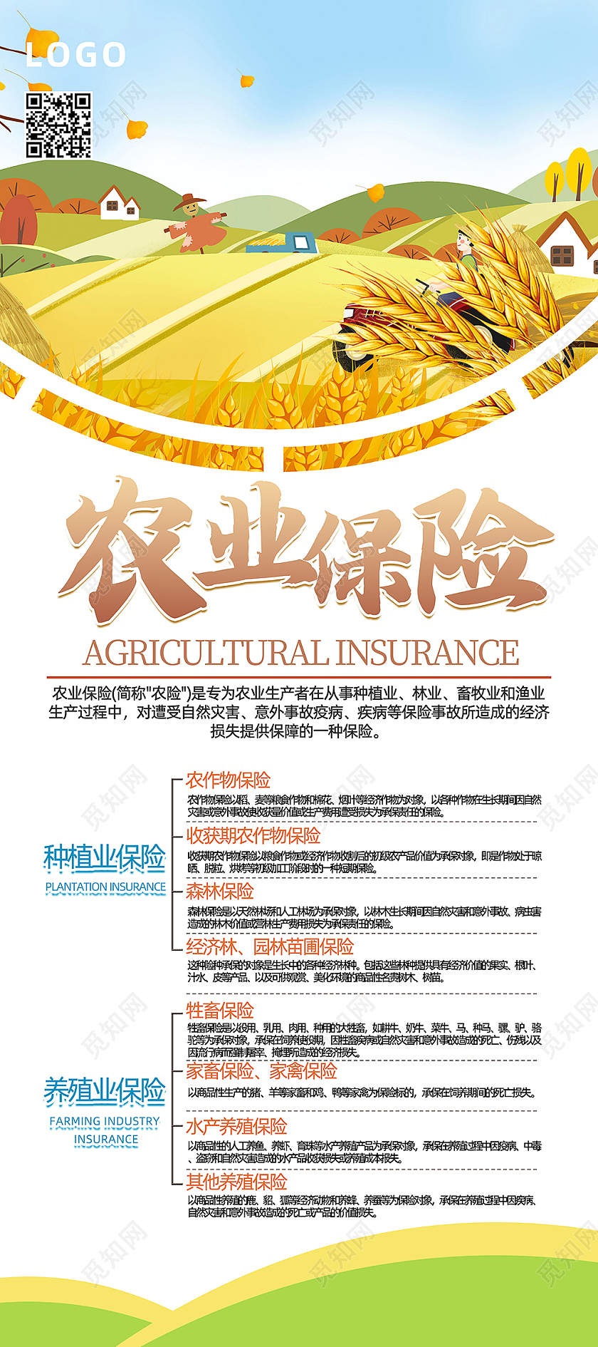 绿色简约卡通手绘创意农业保险展架农业展架