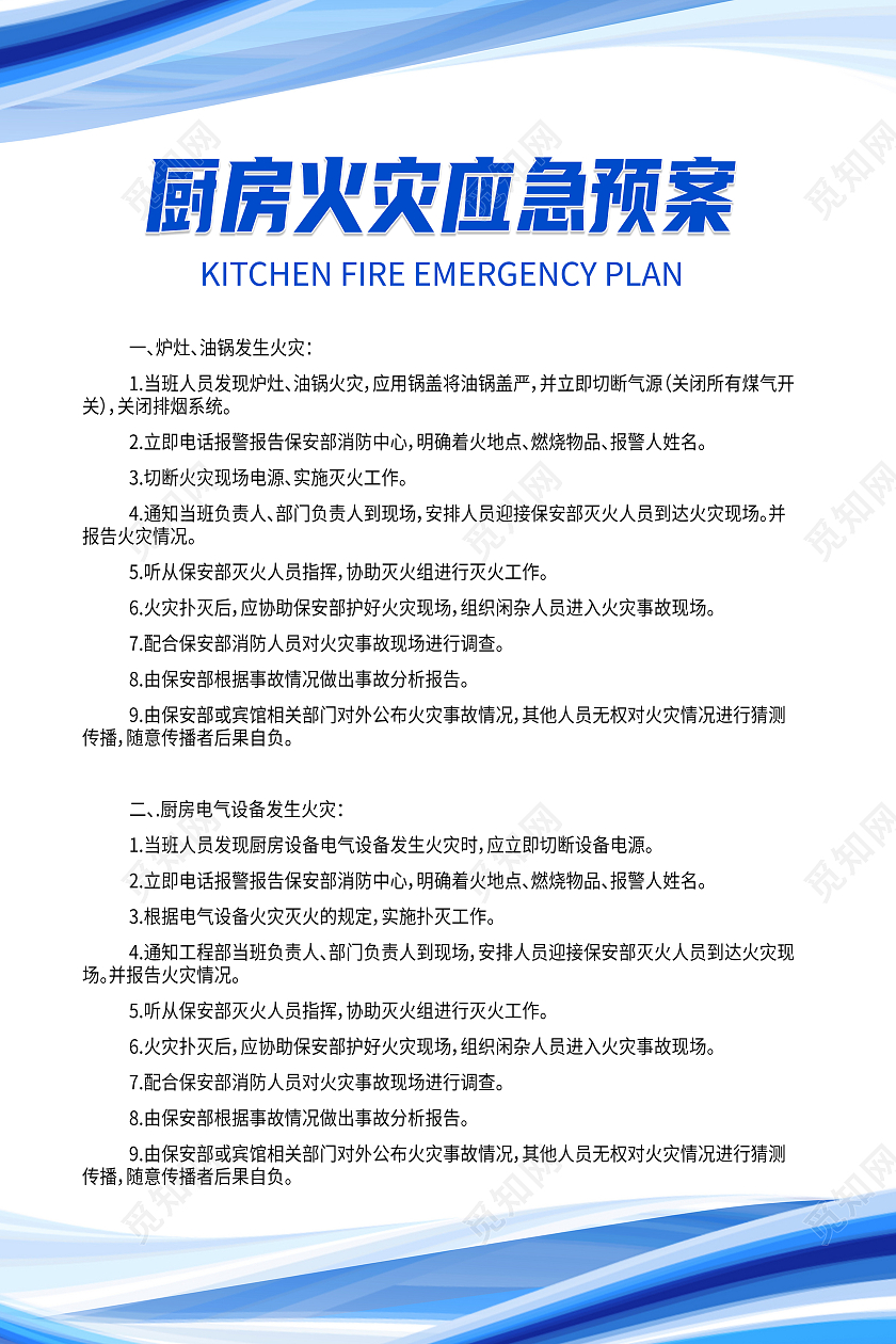 蓝色简约厨房火灾应急预案厨房制度海报