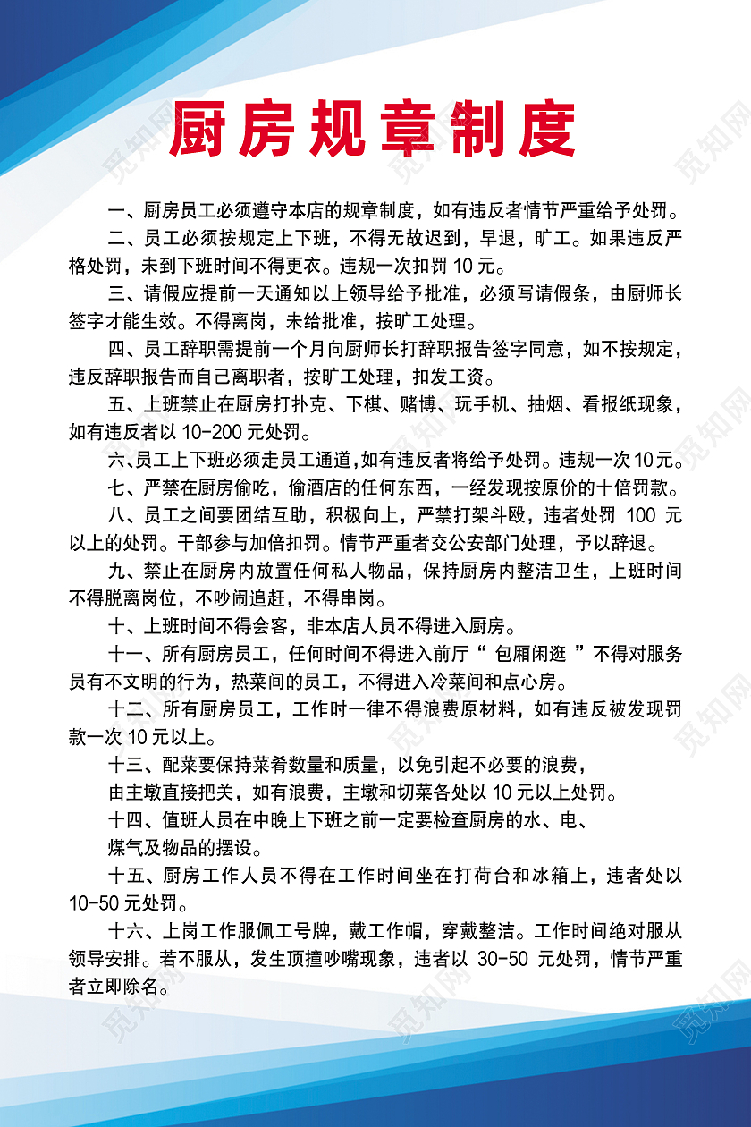 蓝色简约厨房规章制度厨房制度海报