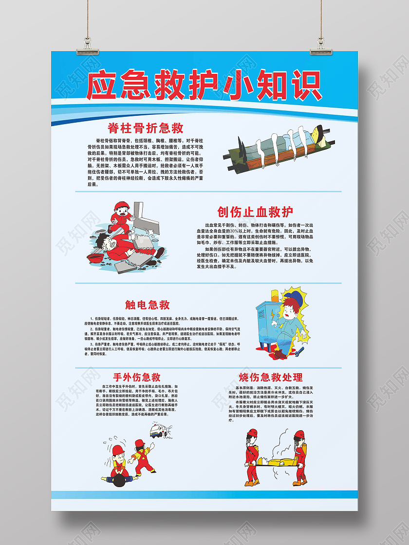 蓝色应急救护小知识漫画制度应急知识海报应急救护知识海报