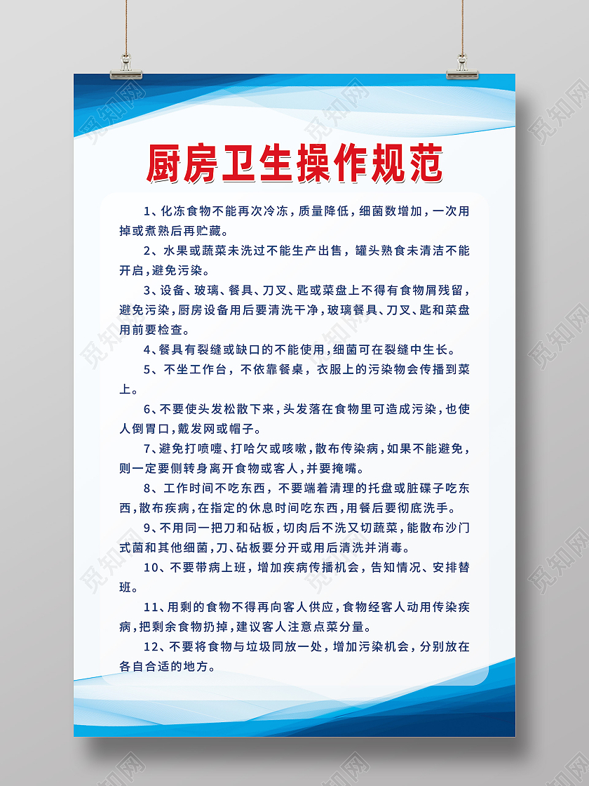 蓝色简约厨房卫生操作规范厨房制度海报