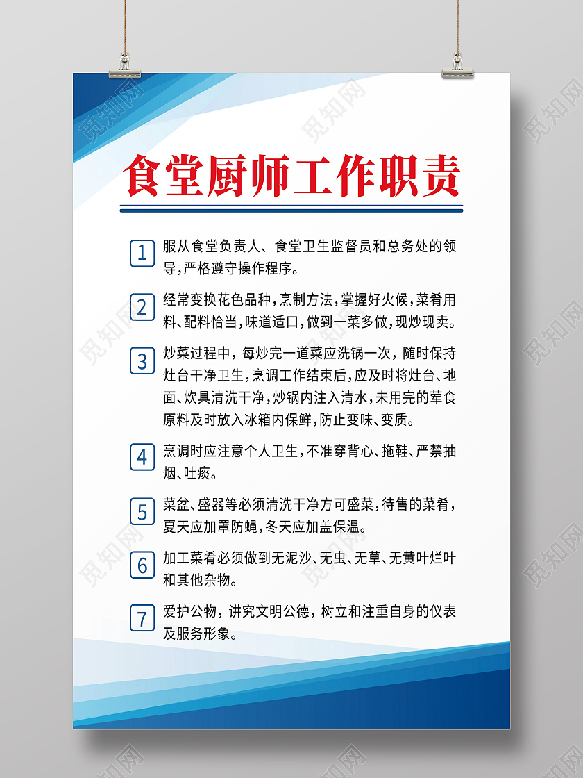 蓝色简约食堂厨师工作职责厨房制度海报