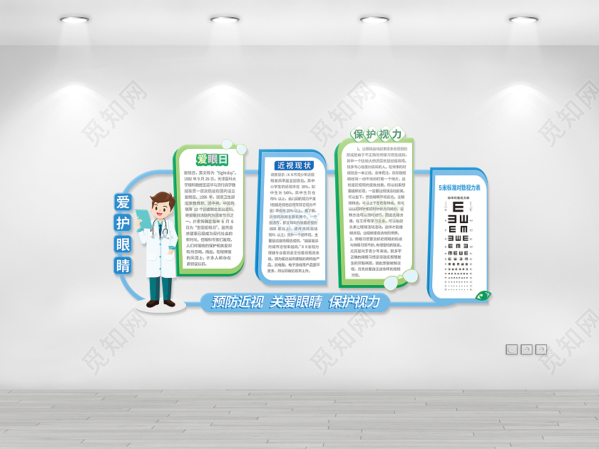蓝绿色创意卡通风格爱护眼睛保护视力文化墙设计
