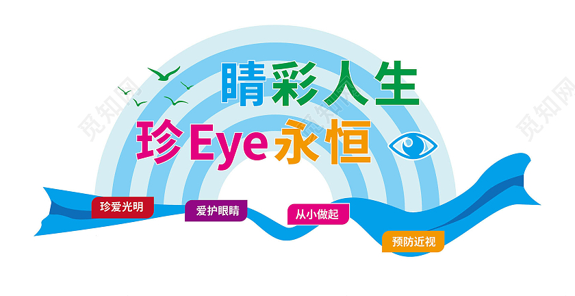 蓝色卡通风个精彩人生珍EYE永恒保护视力文化墙设计