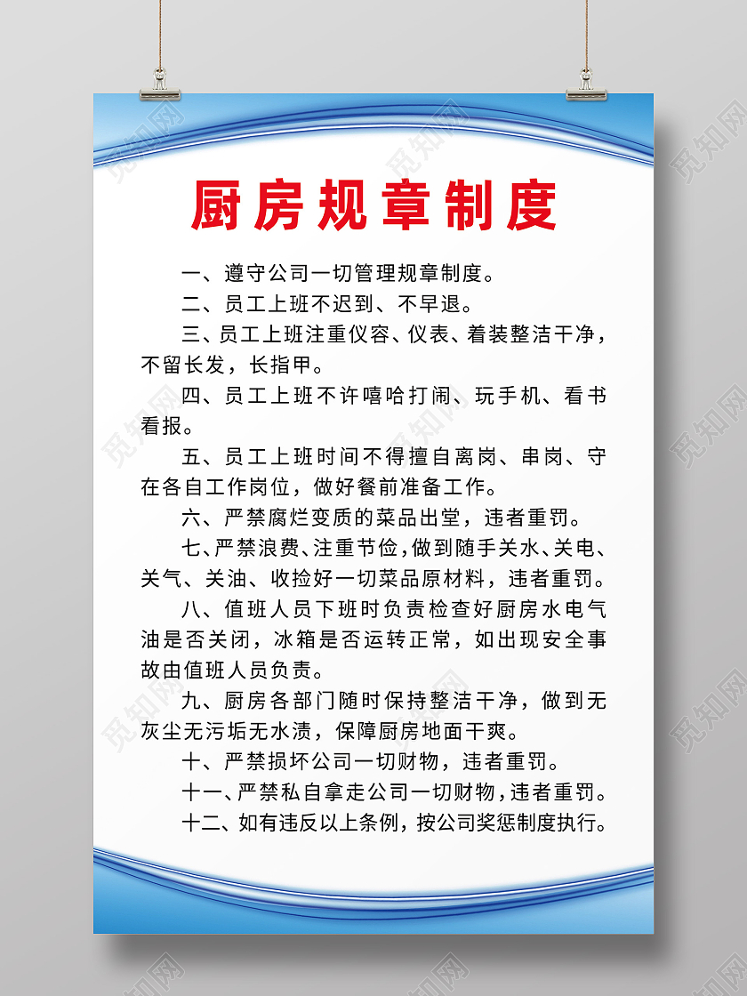 蓝色简约厨房规章制度厨房制度海报