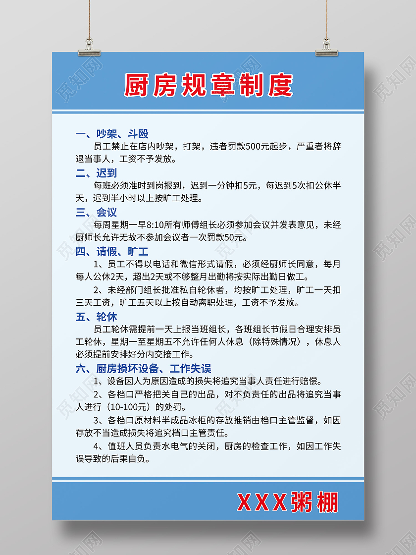 蓝色简约风厨房规章制度分项海报厨房制度