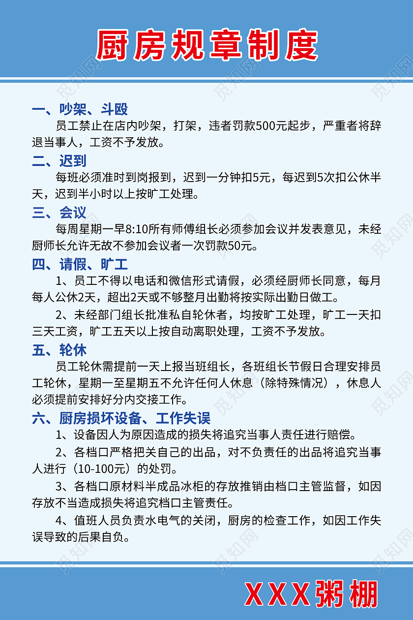 蓝色简约风厨房规章制度分项海报厨房制度