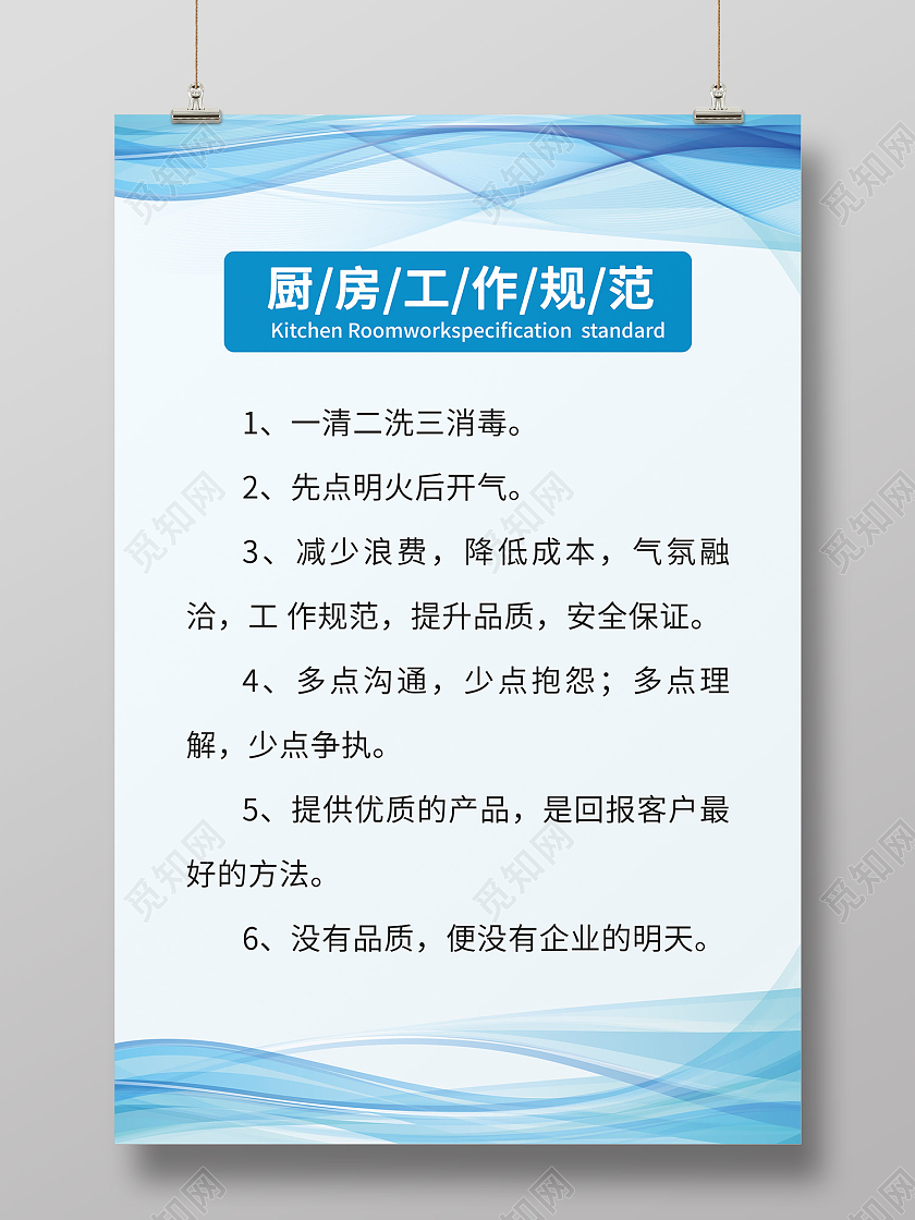 蓝色简约风厨房工作规范条例海报厨房制度