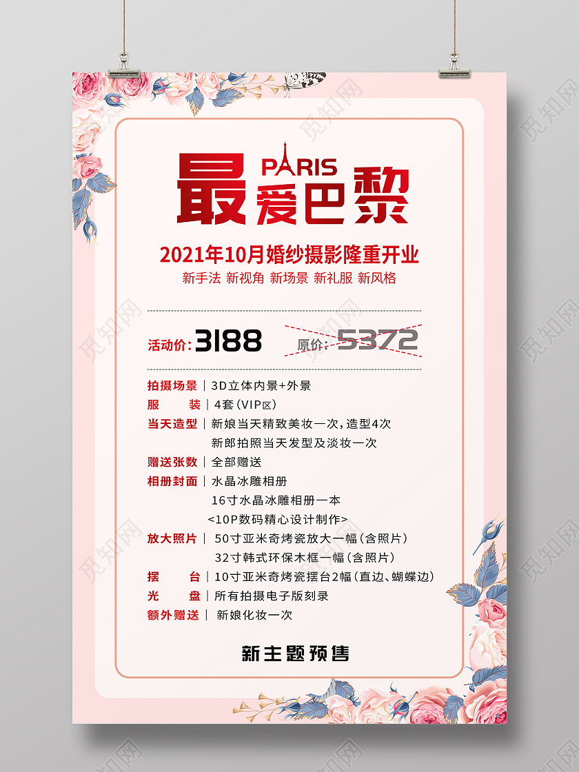 粉色简约最美巴黎巴黎婚纱价格表海报