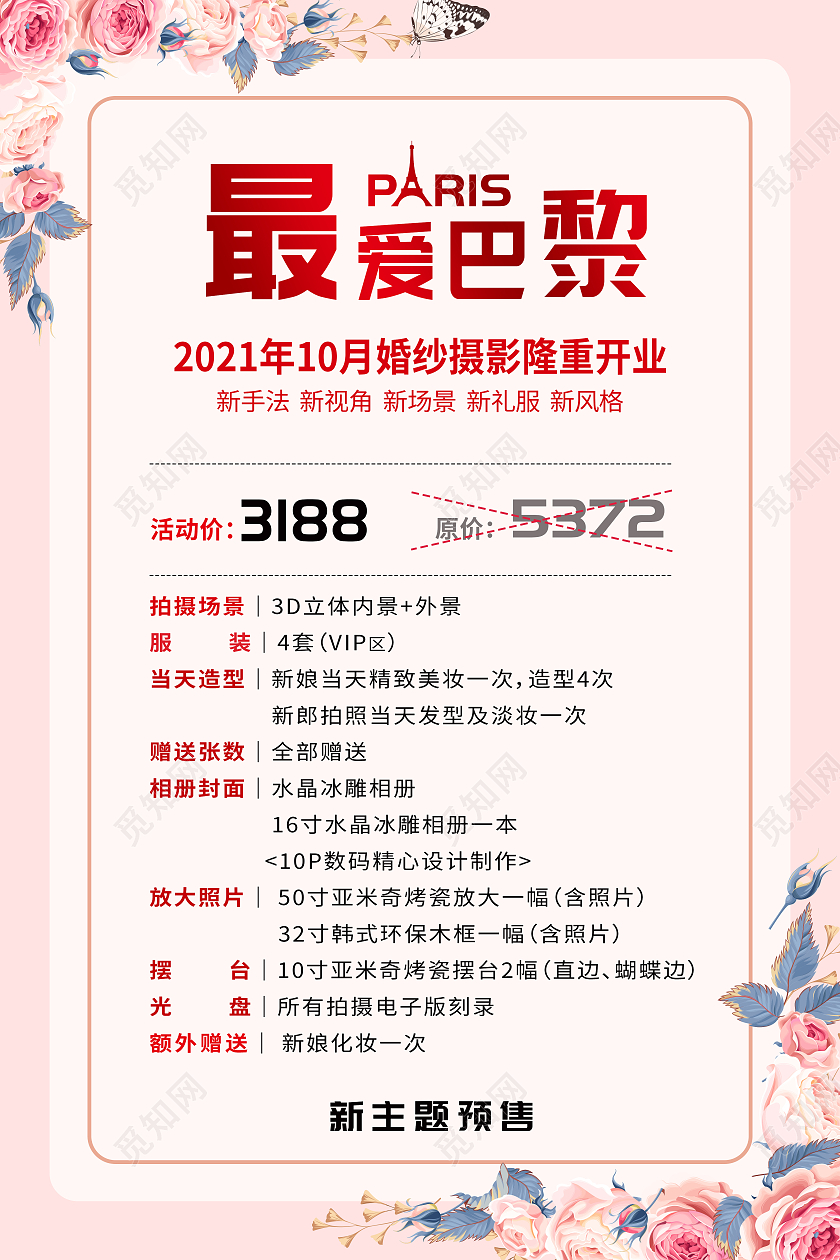 粉色简约最美巴黎巴黎婚纱价格表海报
