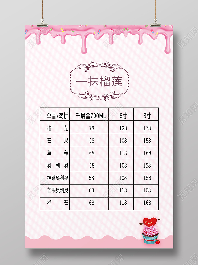 粉色简约风一抹榴莲生日快乐海报蛋糕价格表