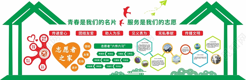 绿色房子文化墙志愿者服务文化墙志愿者服务爱心墙照片墙志愿者服务站文化墙
