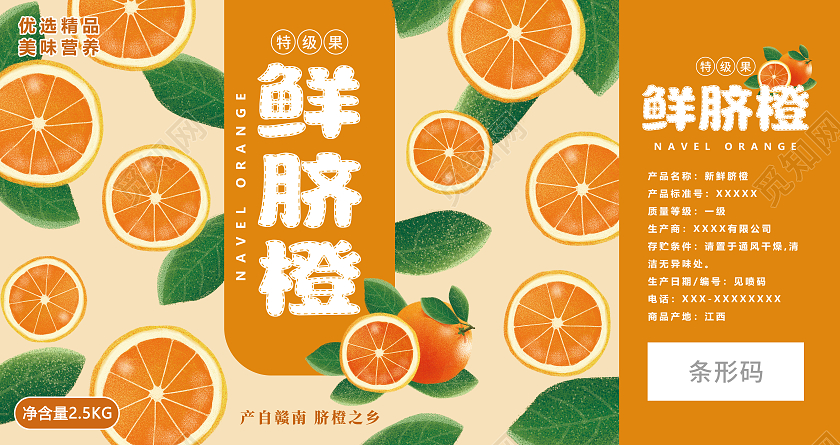 橙色卡通儿童鲜脐橙橙子包装手提盒横版