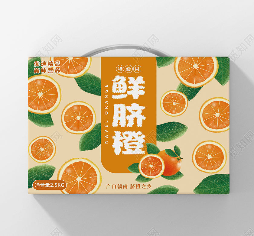 橙色卡通儿童鲜脐橙橙子包装手提盒横版