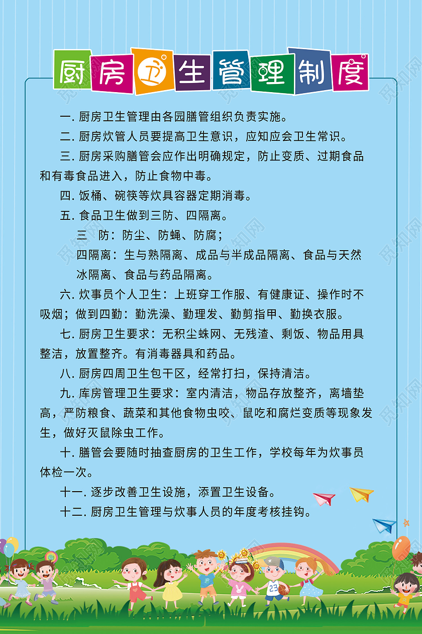 蓝色简约风厨房卫生管理制度海报厨房制度