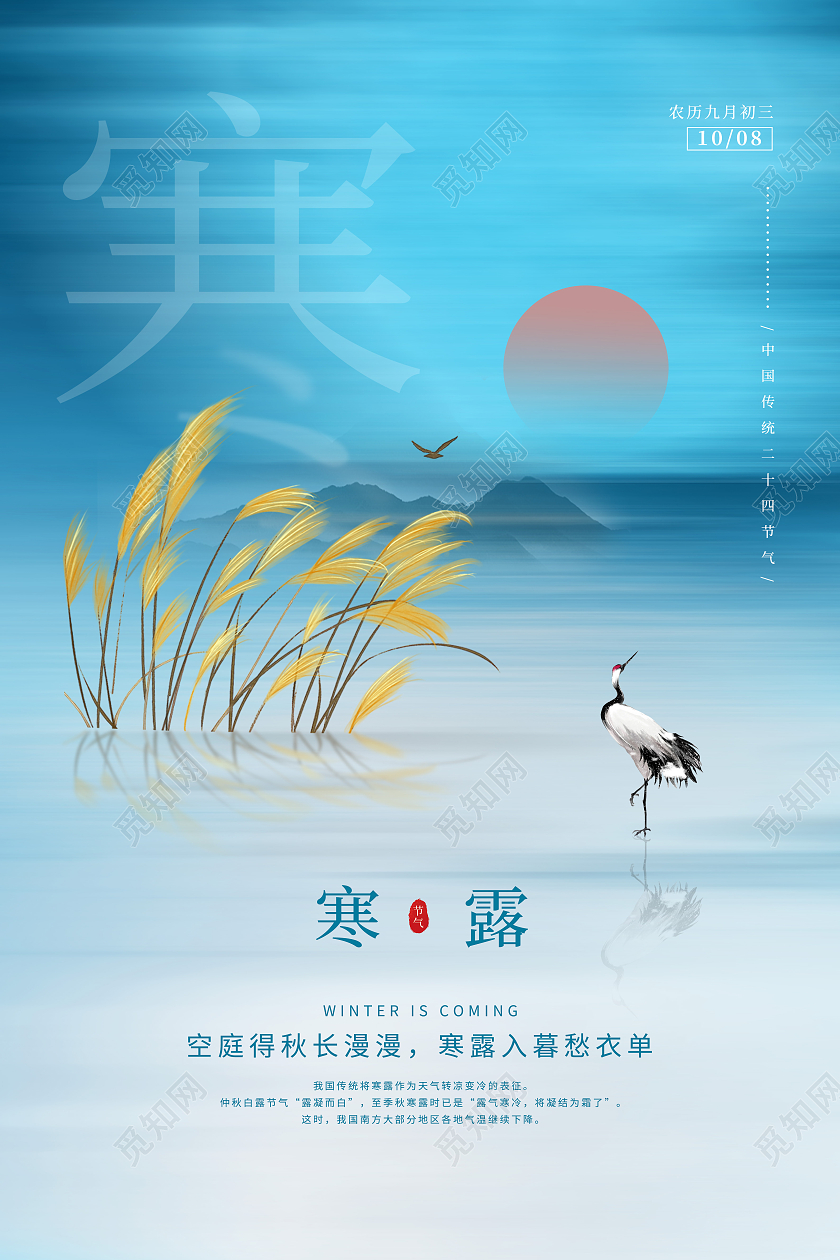 青色质感山水芦苇仙鹤寒露节气海报