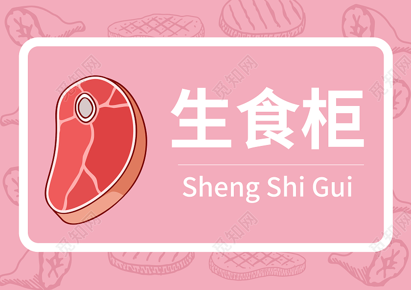 粉色简笔插画厨房生食柜区域卡通门牌厨房标识