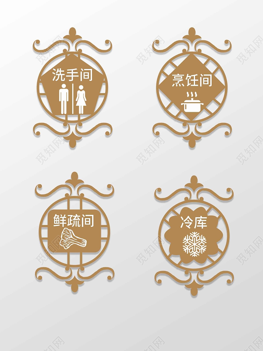 厨房区域标识棕色古风洗手间冷冻鲜疏厨房标识