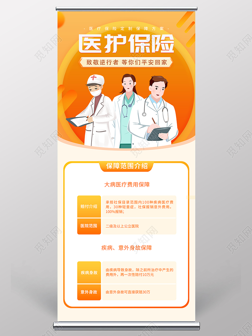 橙色大气医护保险医疗健康宣传展架医疗保险
