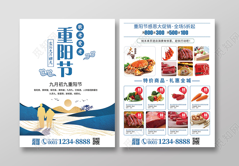 蓝色插画中国风重阳节敬老爱老重阳节促销活动宣传单重阳节宣传