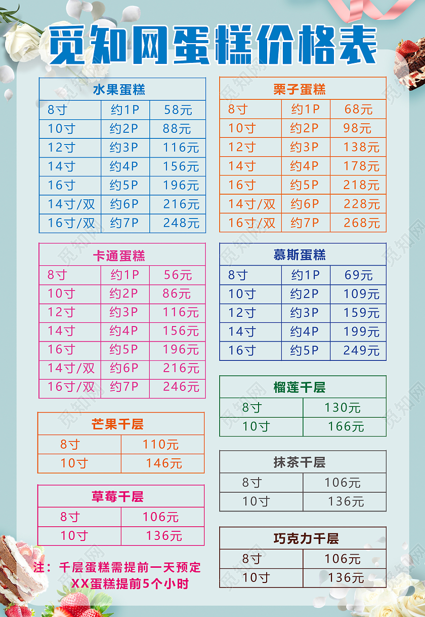 蓝色简约清新蛋糕美食价目表海报背景蛋糕价格表