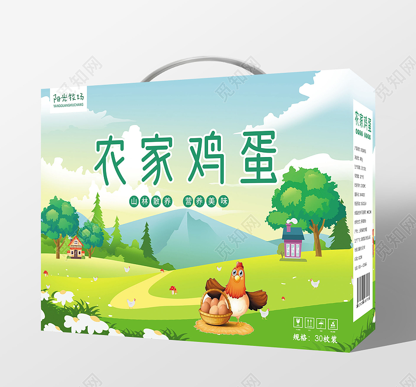 蓝绿色简约大气插画卡通风农家鸡蛋鸡蛋包装盒