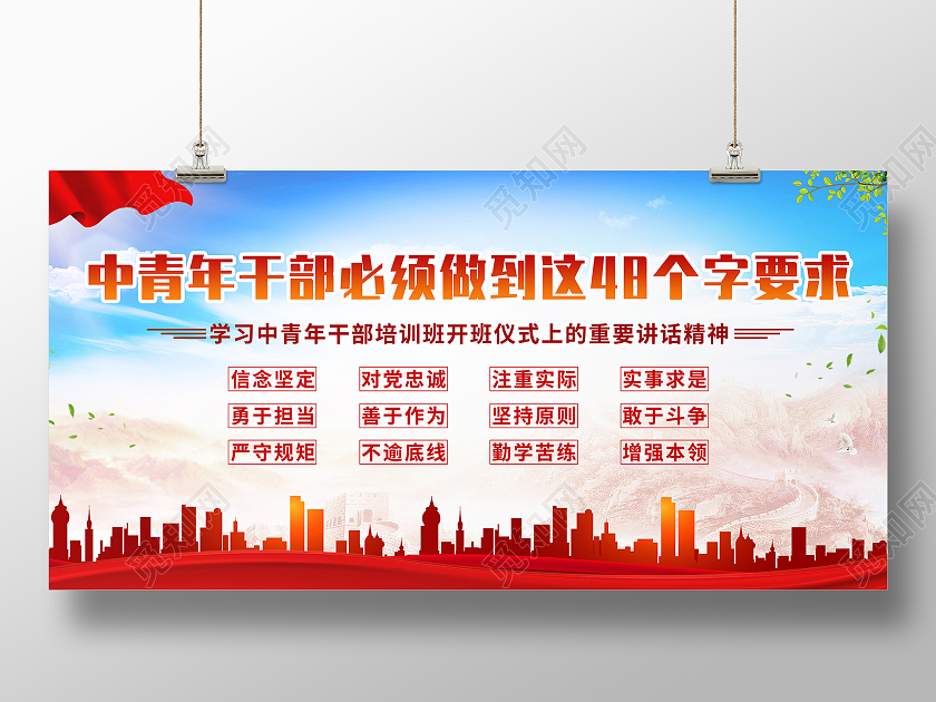 蓝色简约中青年干部必须做到这48个字要求展板